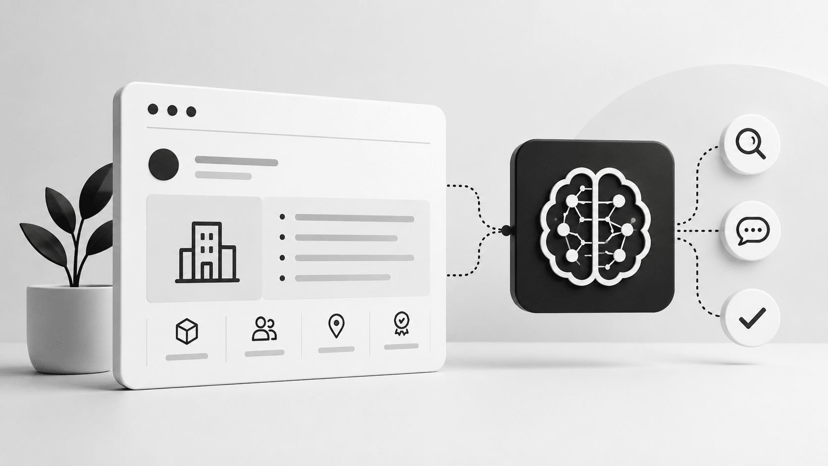 Illustration einer modernen Weboberfläche, die mit einer KI verbunden ist. Die sogenannte Grounding Page zeigt Unternehmensdaten und Funktionen wie Suche, Kommunikation und Verifizierung, die durch künstliche Intelligenz verarbeitet und strukturiert werden.
